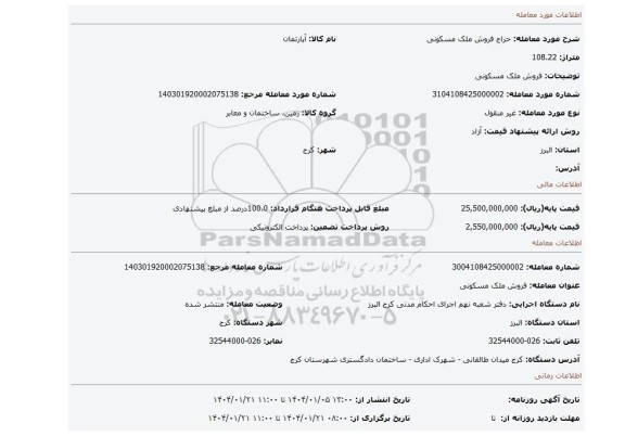 مزایده، فروش ملک مسکونی