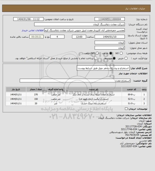 استعلام استخراج و پیشروی وحفر دویل طبق شرایط پیوست