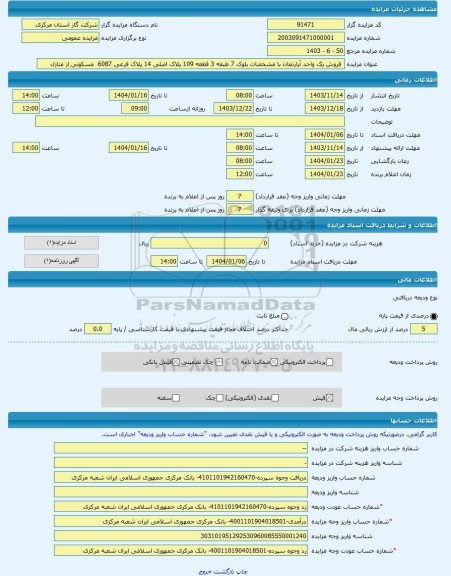 مزایده ، فروش یک واحد آپارتمان با مشخصات بلوک 7 طبقه 3 قطعه 109 پلاک اصلی 14 پلاک فرعی 6087 مسکونی از منازل -مزایده آپارتمان
