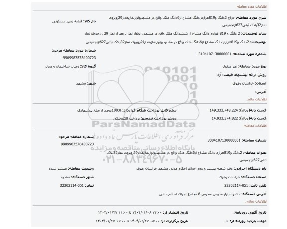 مزایده، 2دانگ و819هزارم دانگ مشاع از6دانگ ملک واقع در مشهدبولوارنمازبعداز29روبروی نماز32پلاک ثبتی627ازتجمیعی