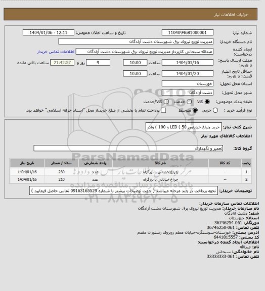 استعلام خرید چراغ خیابانی LED ( 50 و 100 ) وات