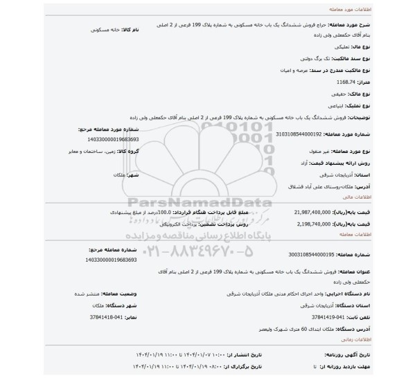 مزایده، فروش ششدانگ یک باب خانه مسکونی به شماره پلاک 199 فرعی از 2 اصلی بنام آقای حکمعلی ولی زاده