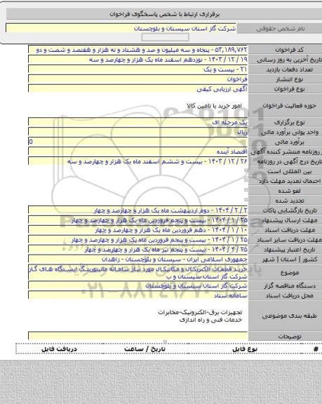 مناقصه, خرید قطعات الکتریکال و مکانیکال مورد نیاز سامانه مانیتورینگ ایستگاه های گاز شرکت گاز استان سیستان و ب