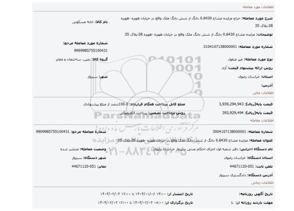 مزایده، مزایده مشاع 0.6430 دانگ از شش دانگ ملک واقع در خیابان هویزه -هویزه 28-پلاک 35