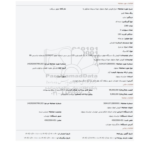 مزایده، فروش اموال منقول جها استیفاء محکوم به
