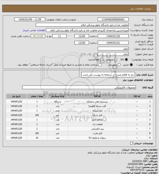 استعلام نیاز به اقلام مندرج در سامانه به پیوست می باشد