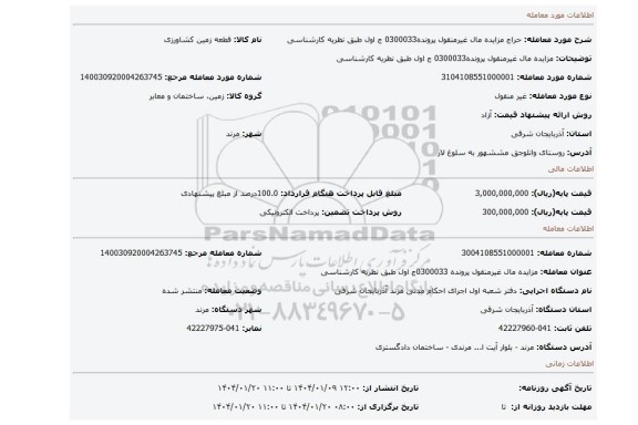 مزایده، مزایده مال غیرمنقول پرونده0300033 ج اول   طبق نظریه کارشناسی