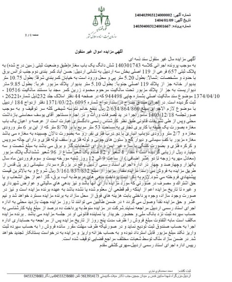 مزایده فروش شش دانگ یک باب مغازه