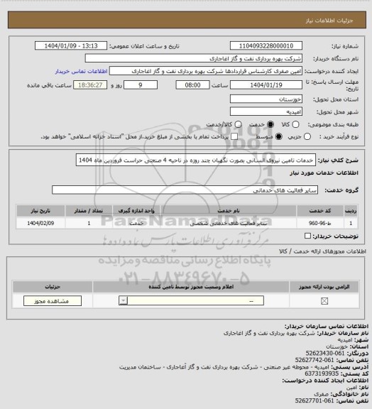 استعلام خدمات تامین نیروی انسانی بصورت نگهبان چند روزه در ناحیه 4 صنعتی حراست فروردین ماه 1404