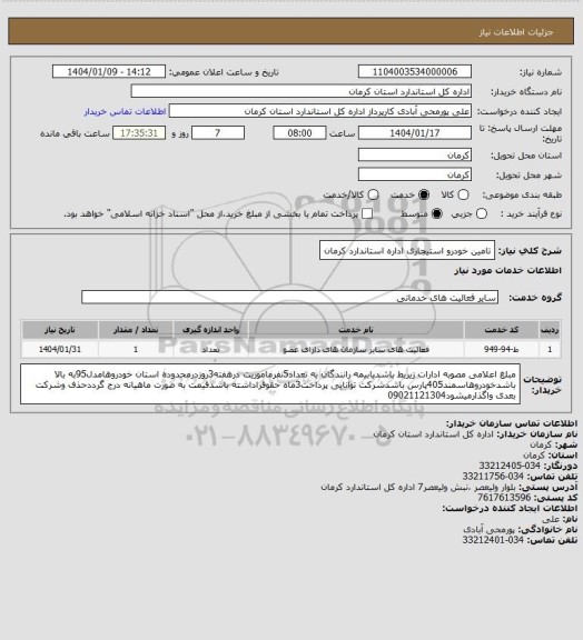 استعلام تامین خودرو استیجاری اداره استاندارد کرمان