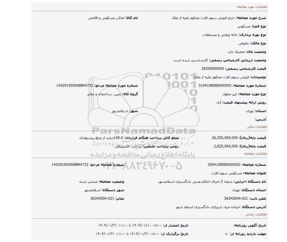 مزایده، فروش سهم الارث محکوم علیه از ملک