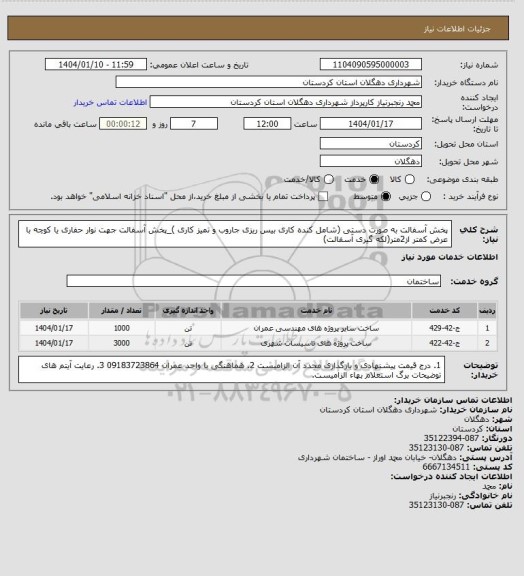 استعلام پخش آسفالت به صورت دستی (شامل کنده کاری بیس ریزی جاروب و تمیز کاری )_پخش آسفالت جهت نوار حفاری یا کوچه با عرض کمتر از2متر(لکه گیری آسفالت)