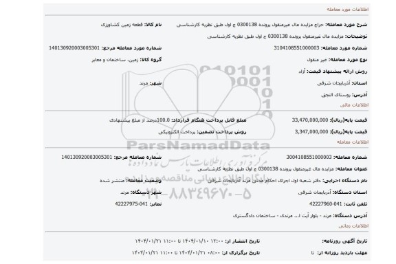 مزایده، مزایده مال غیرمنقول پرونده 0300138 ج اول طبق نظریه کارشناسی