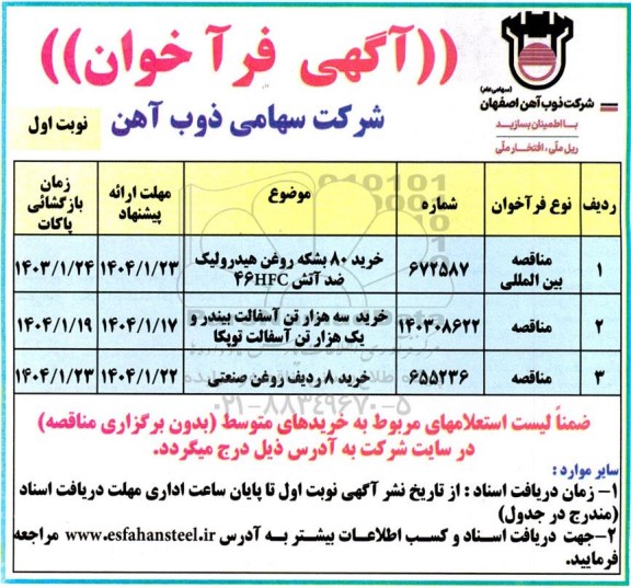 مناقصه خرید 80 بشکه روغن هیدرولیک ضدآتش 46HFC و...