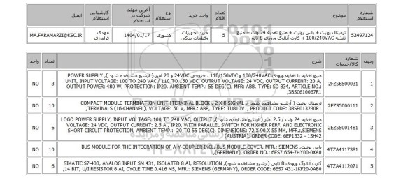 استعلام ترمینال یونیت + باس یونیت + منبع تغذیه 24 ولت + منبع تغذیه 100/240VAC + کارت آنالوگ ورودی 8 تایی