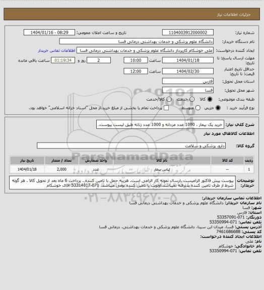 استعلام  خرید پک بیمار . 1000 عدد مردانه و 1000 عدد زنانه طبق لیست پیوست.
