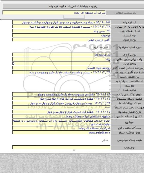 مناقصه, انجام خدمات مطالعات امکانسنجی تشکیل بازار آب سطحی و زیرزمینی در منطقه پایلوت دشت ابهر