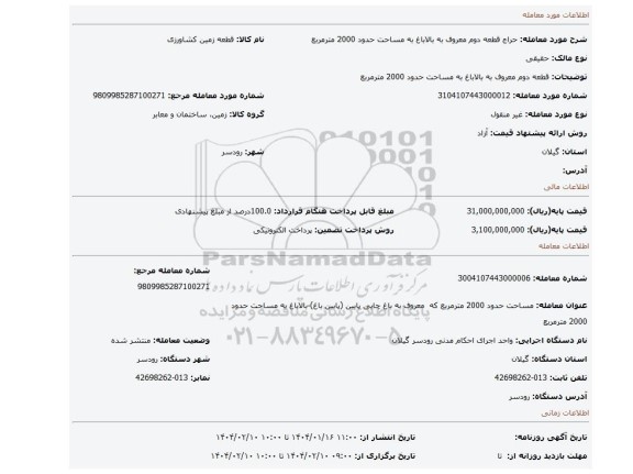 مزایده، قطعه دوم معروف به بالاباغ به مساحت حدود 2000 مترمربع