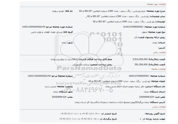 مزایده، پژو پارس - رنگ: سفید - مدل: 1394-شماره انتظامی: 87-851 ط 62