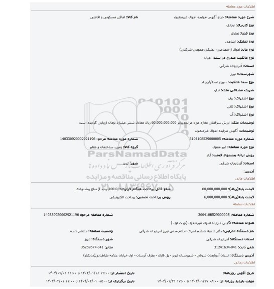 مزایده، آگهـی مـزایده امـوال غیرمنقـول