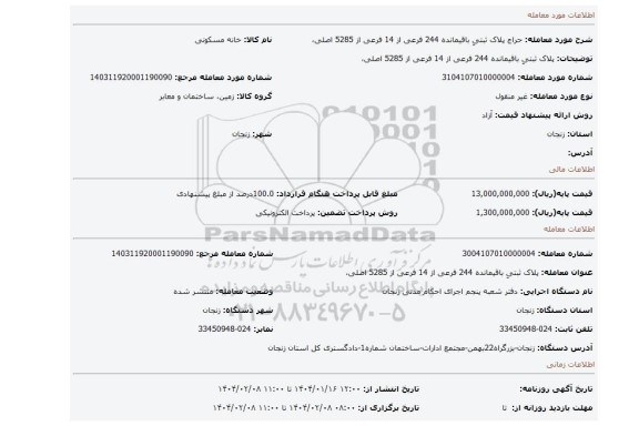 مزایده، پلاک ثبتیِ باقیمانده 244 فرعی از 14 فرعی از 5285 اصلی،