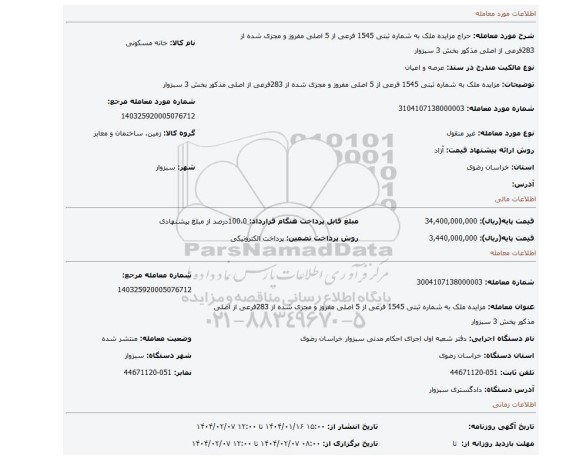 مزایده، مزایده ملک به شماره ثبتی 1545 فرعی از 5 اصلی مفروز و مجزی شده از 283فرعی از اصلی مذکور بخش 3 سبزوار
