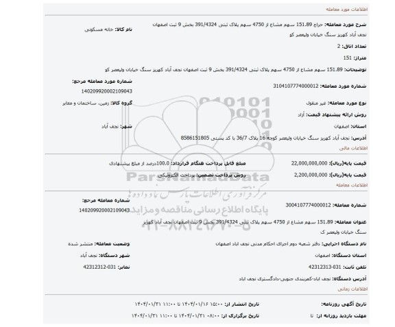 مزایده، 151.89 سهم مشاع از 4750 سهم پلاک ثبتی 391/4324 بخش 9 ثبت اصفهان نجف آباد کهریز سنگ خیابان ولیعصر کو