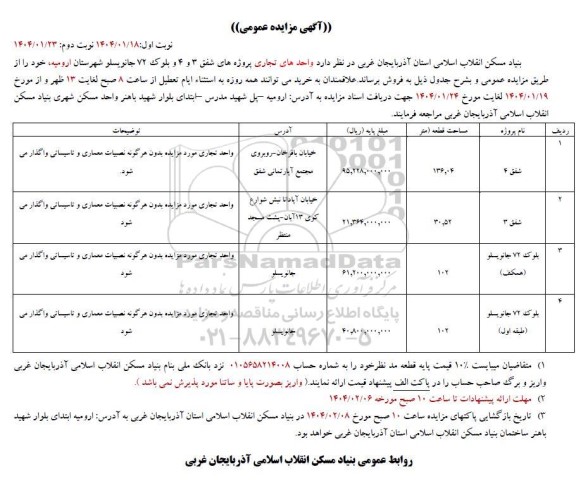 مزایده فروش واحدهای تجاری پروژه های شفق 3 و 4 و بلوک 72 جانویسلو 