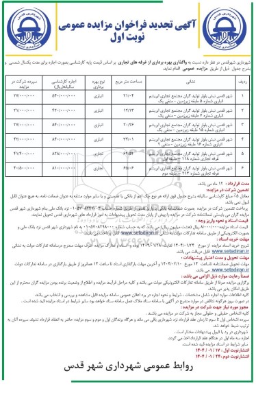 تجدید مزایده واگذاری بهره برداری از غرفه های تجاری
