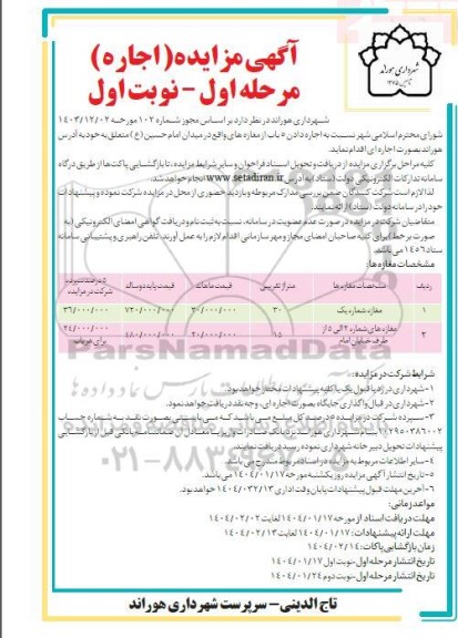 مزایده اجاره 5 باب مغازه