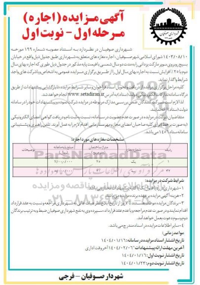 مزایده  اجاره مغازه های متعلق به شهرداری 