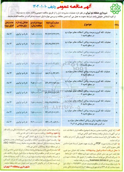 مناقصه عملیات لکه گیری و مرمت و روکش آسفالت معابر سواره رو ...