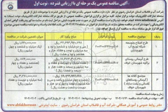 مناقصه طرح اصلاح و توسعه شبکه توزیع آب ..