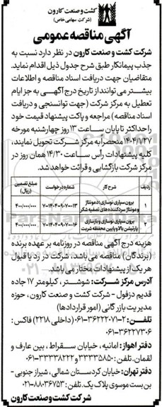 مناقصه برونسپاری نوسازی دمونتاژ و مونتاژ سردکننده های تصفیه شکر و...