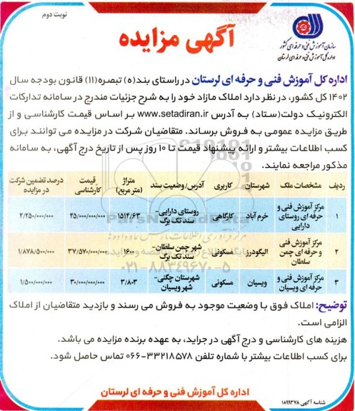 مزایده فروش املاک مازاد با کاربری کارگاهی و مسکونی نوبت دوم