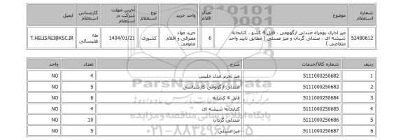 استعلام میز اداری بهمراه صندلی ارگونومی ، فایل 4 کشو ، کتابخانه شیشه ای ، صندلی گردان و میز عسلی ( مطابق تایید واحد متقاضی )
