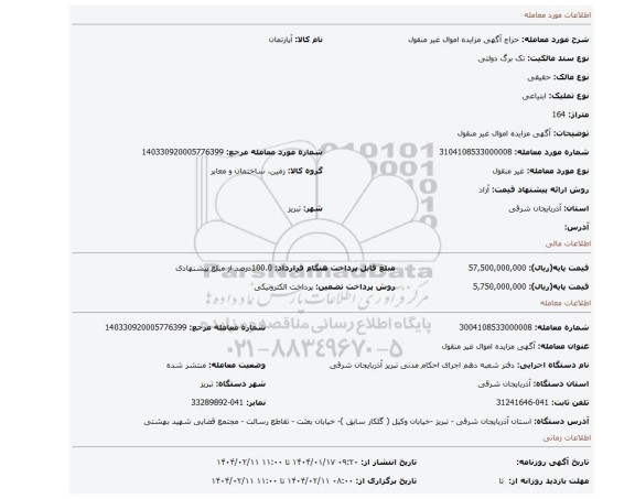 مزایده، آگهی مزایده اموال غیر منقول