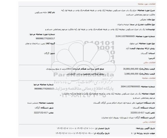 مزایده، یک باب منزل مسکونی دوطبقه (یک واحد در طبقه همکف+یک واحد در طبقه اول )به مالکبت مرحوم رمضانعلی حسام و