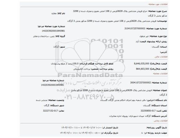 مزایده، فروش مشاعی پلاک 3639فرعی از 108 اصلی مفروز و مجزی شده از 3299 مذکور بخش 3 گرگان