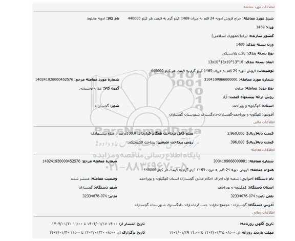 مزایده، فروش ادویه 24 قلم به میزان 1469 کیلو گرم به قیمت هر کیلو 440000