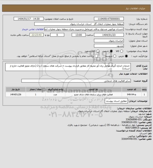 استعلام خدمات اندازه گیری عوامل زیان آور محیط کار مطابق قرارداد پیوست + شرکت های سطح 1 و 2 (دارای مجوز فعالیت خارج از استان)