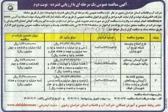 مناقصه طرح اصلاح و توسعه شبکه توزیع آب ..- نوبت دوم