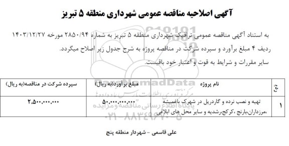 اصلاحیه مناقصه عمومی تهیه و نصب نرده و گاردریل در شهرک ...