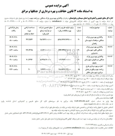 مزایده عمومی واگذاری بهره وری پارک جنگلی و زراعت چوب