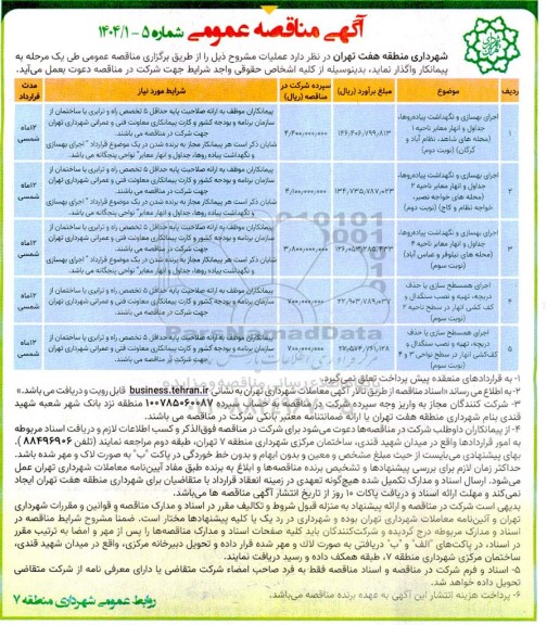 مناقصه اجرای بهسازی و نگهداشت پیاده روها، جداول و انهار معابر و ... 