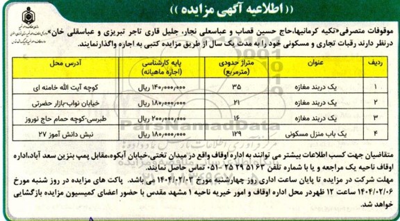 مزایده اجاره رقبات تجاری ، مسکونی