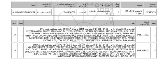 استعلام الکتروموتور 200 و 160 کیلووات