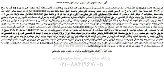 مزایده 6 ساعت آب کشاورزی به همراه اراضی تابعه