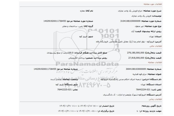 مزایده، فروش یک واحد تجاری