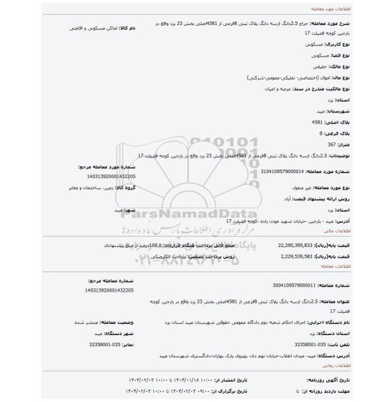 مزایده، 2.5دانگ ازسه دانگ پلاک ثبتی 8فرعی از 4581اصلی بخش 23 یزد واقع در بارجین کوچه فضیلت 17